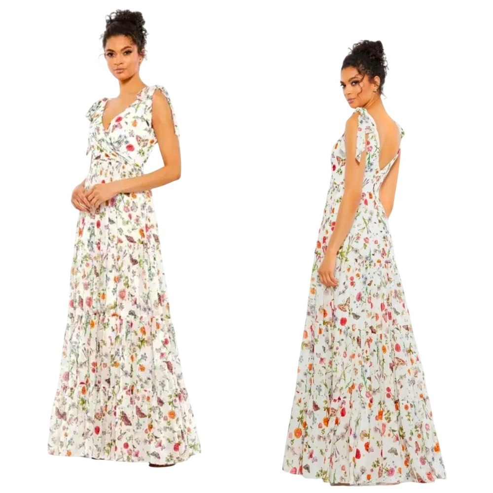 IEENA for Mac Duggal Maxi Dress Women 0 White NWT Floral Butterfly Tiered Gown